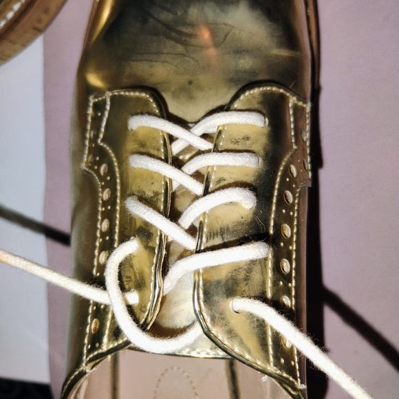 Women's Shiny Gold Mango Shoes Lace Up Cork Soles Size 39 - Picture 6 of 12